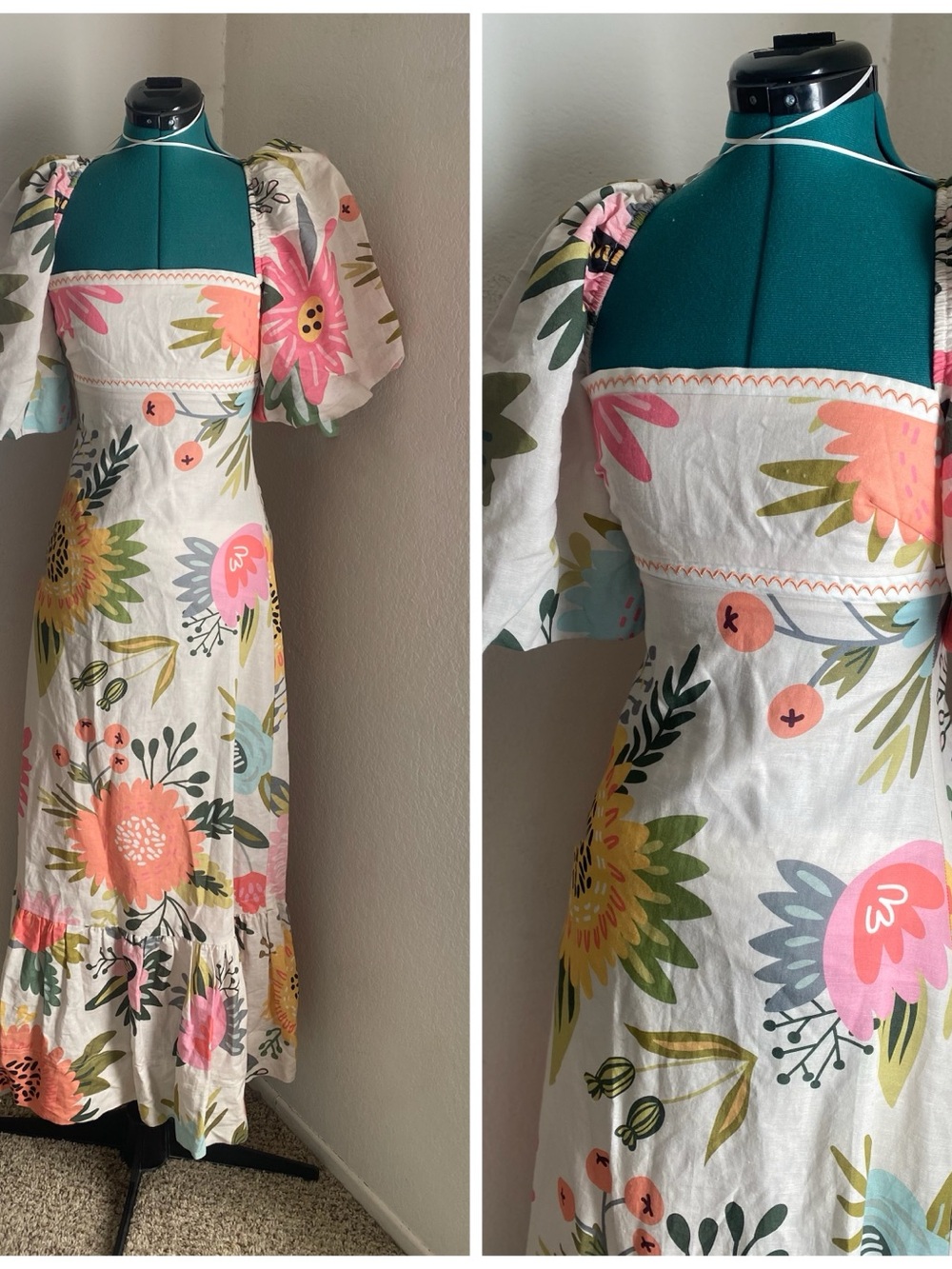 NICOLA Floral Puff-Sleeve Maxi Dress in White and Pink Size 6